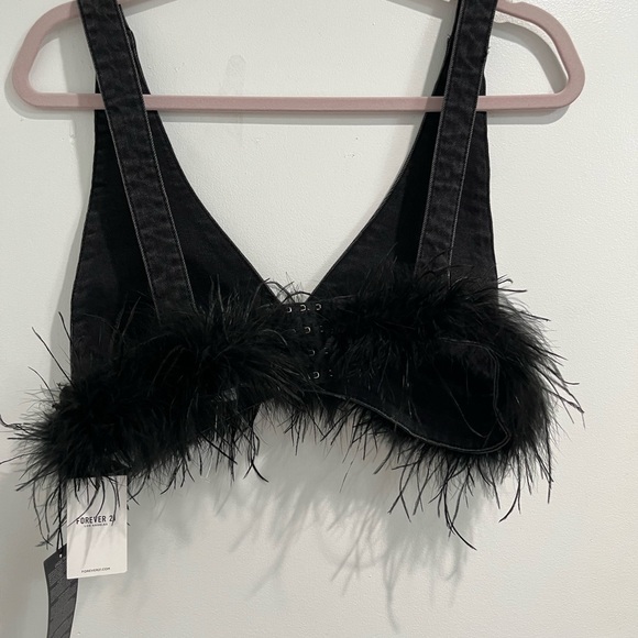 Forever 21 Black Denim Bralette with Feather‎ Trim Sz. M NWT - Picture 4 of 7